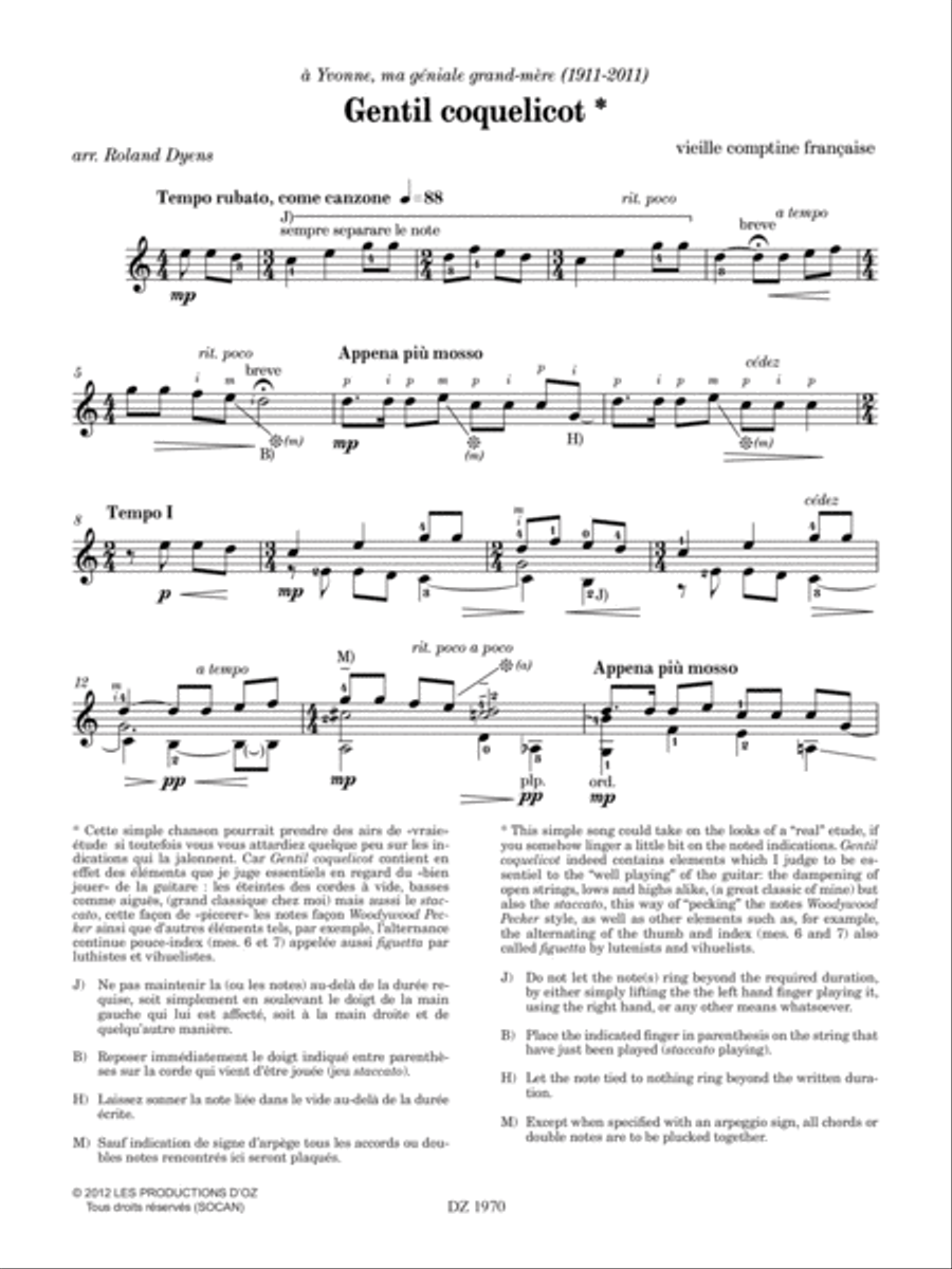 Les 100 de Roland Dyens - Gentil coquelicot Classical Guitar scores gallery preview page 2