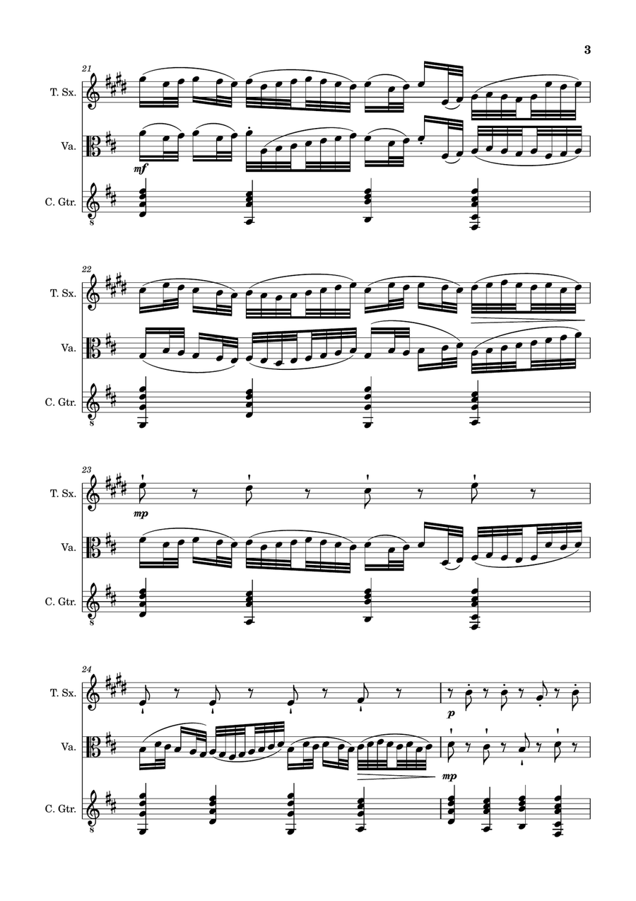 Canon in D Major, P.37; T.337. T. Sax, Viola, and Guitar. Score and Parts. Chamber Music scores gallery preview page 3