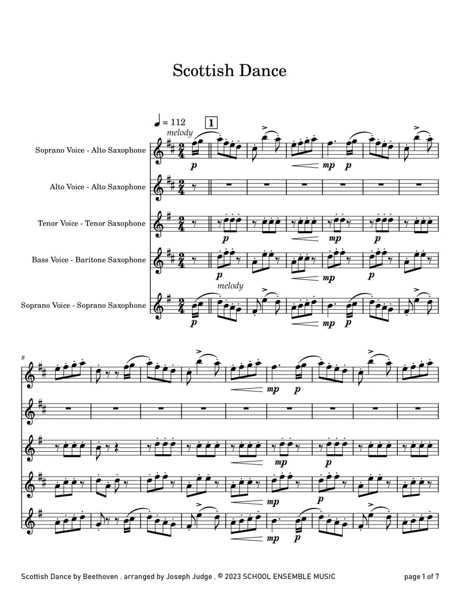 Scottish Dance by Beethoven for Saxophone Quartet in Schools Saxophone Quartet scores gallery preview page 1
