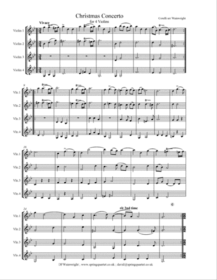 Corelli Christmas Concerto for 4 violins with score & parts Violin Solo scores gallery preview page 1