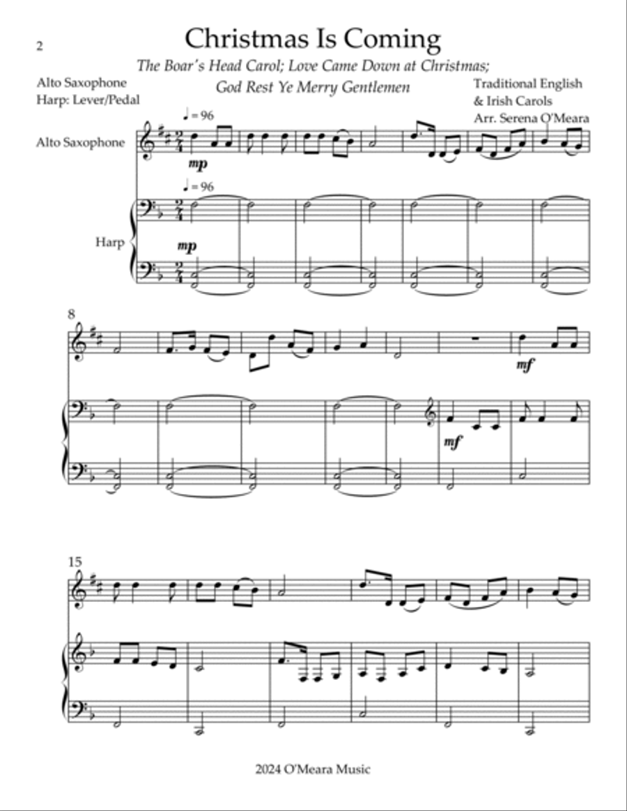 Christmas is Coming, Duet for Eb Alto Saxophone & Harp Alto Saxophone scores gallery preview page 2