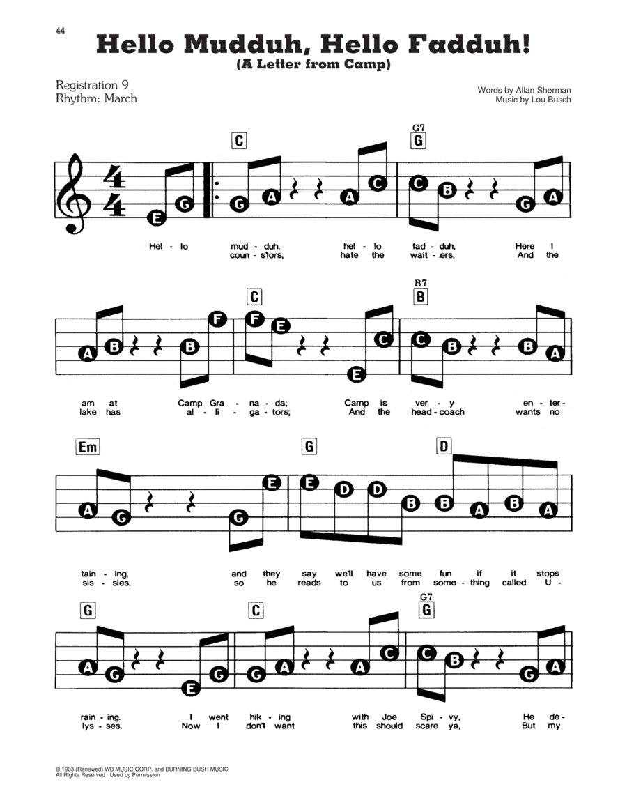 Hello Mudduh, Hello Fadduh! (A Letter From Camp) Electronic Keyboard scores gallery preview page 1