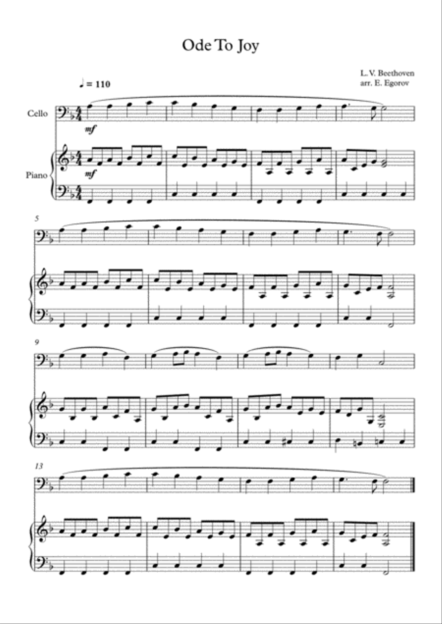 Ode To Joy, Ludwig Van Beethoven, For Cello & Piano Ode To Joy, Ludwig Van Beethoven, For Cello & Piano Piano scores gallery preview page 1