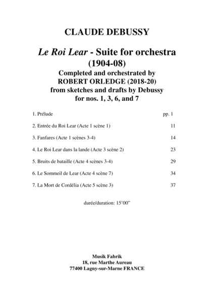 Claude Debussy: Le Roi Lear Suite for orchestra, score only