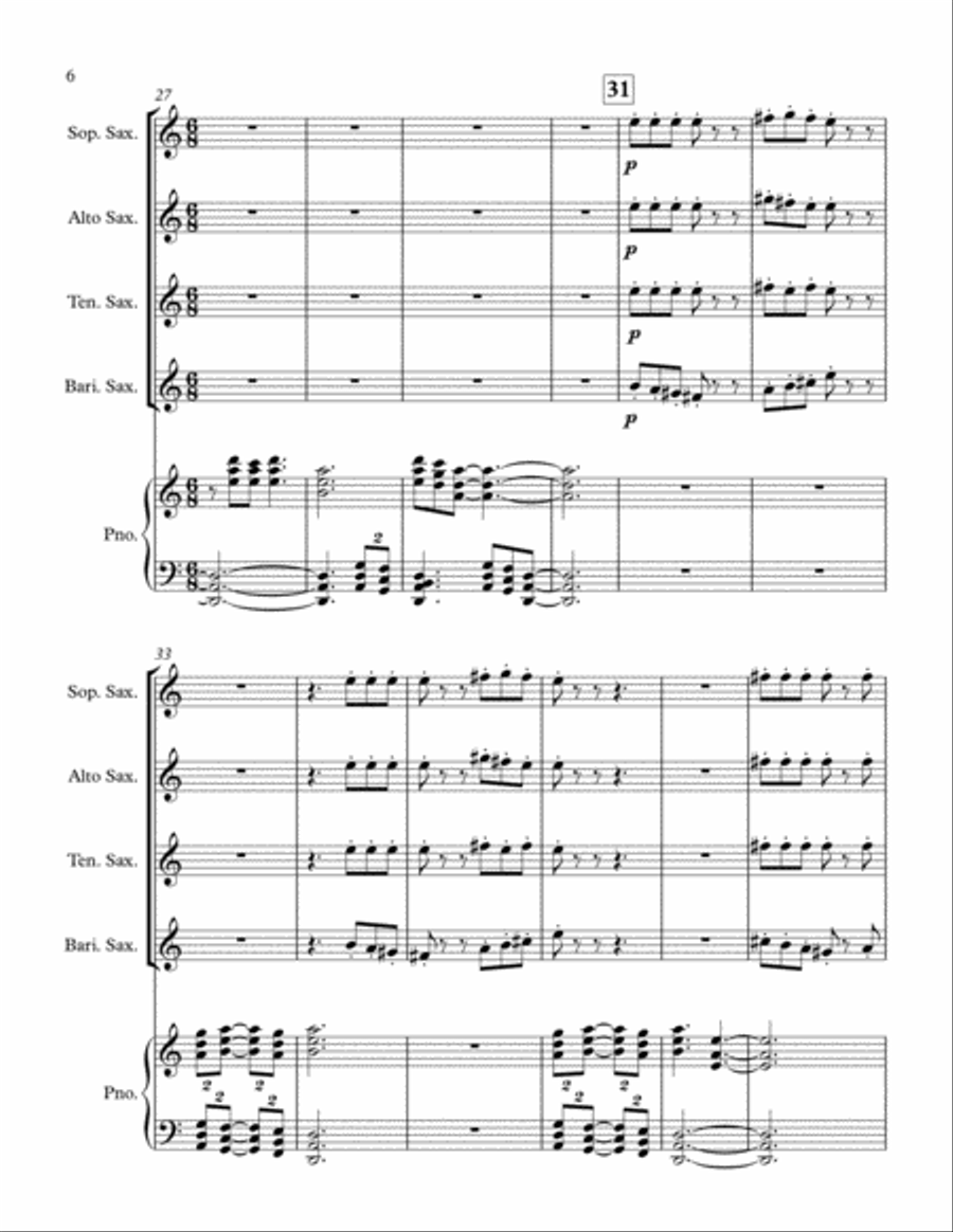 O'Keeffe for Saxophone Quartet and Piano Woodwind Ensemble scores gallery preview page 6