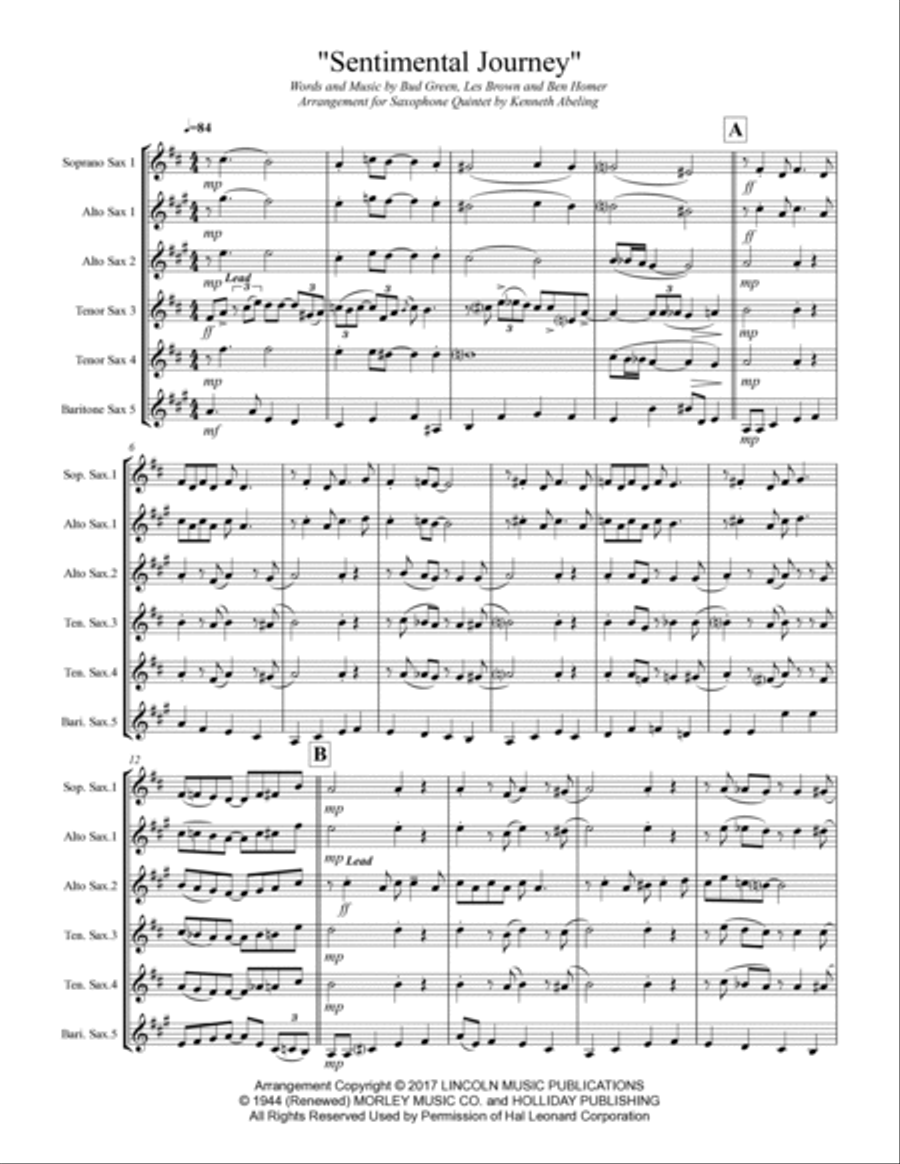Sentimental Journey Saxophone Quintet scores gallery preview page 2