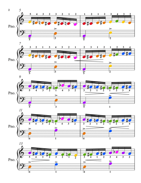 Flight of the Bumble Bee Easy Piano Sheet with Colored Notation