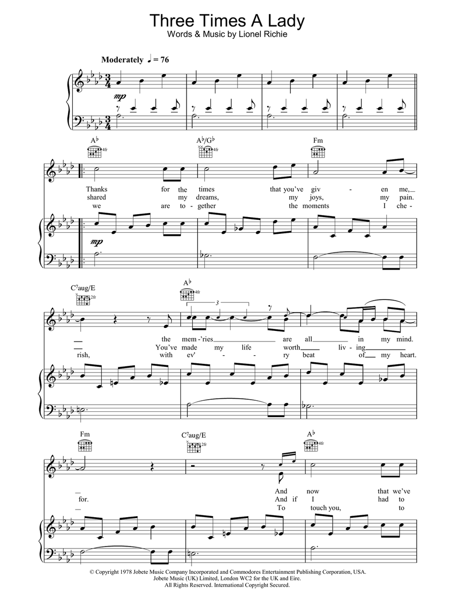 Three Times A Lady Piano, Vocal, Guitar scores gallery preview page 1