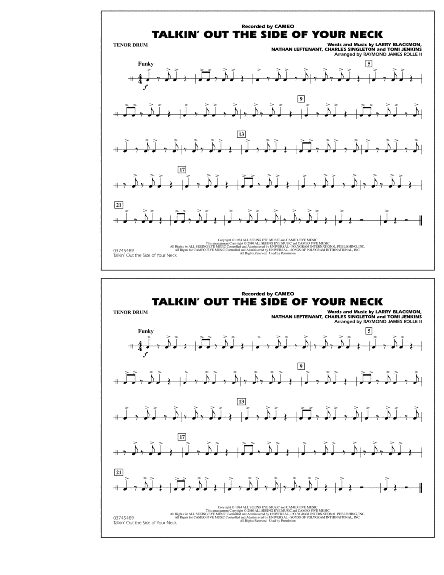 Talkin' Out The Side Of Your Neck - Tenor Drum Marching Band scores gallery preview page 1