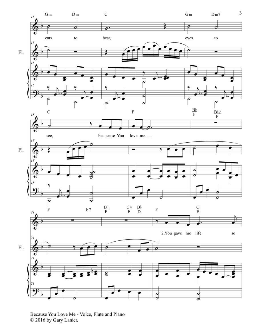 Gary Lanier: BECAUSE YOU LOVE ME (Worship - For Voice, Flute and Piano) Flute scores gallery preview page 4