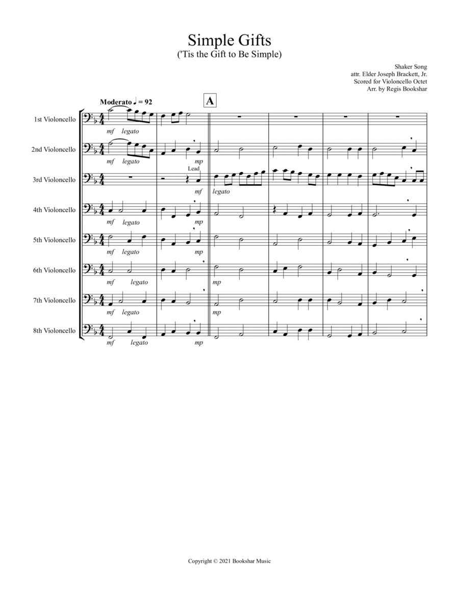 Simple Gifts ('Tis the Gift to Be Simple) (F) (Violoncello Octet) Cello scores gallery preview page 1
