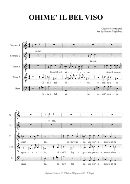 OHIME' IL BEL VISO - C, Monteverdi - Arr. For SSTTB (or SSATB) Choir image number null