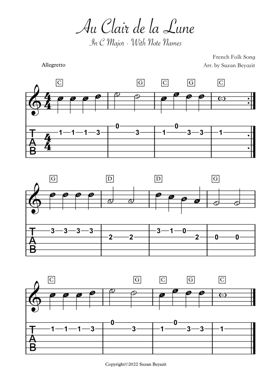 Au Clair de la Lune (with Tablature) Acoustic Guitar scores gallery preview page 1