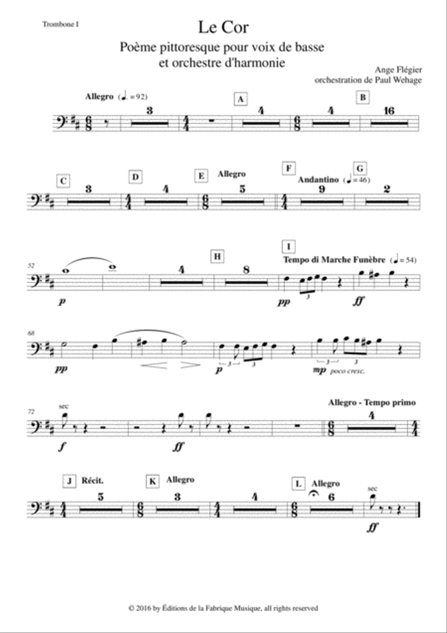 Ange Flégier: Le Cor for bass voice and concert band, trombone 1 part Concert Band scores gallery preview page 1