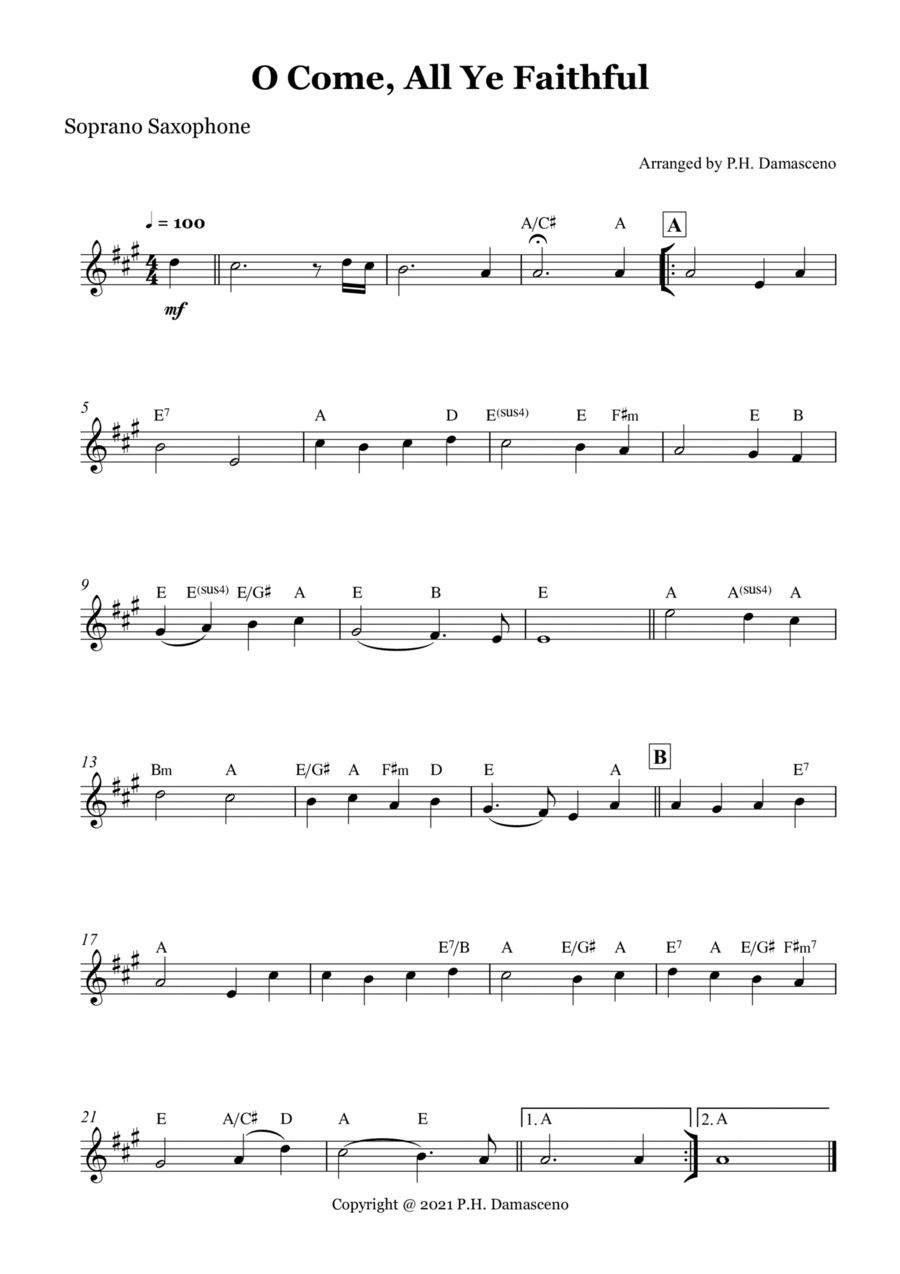 O Come, All Ye Faithful - Soprano Saxophone Solo with Chords Soprano Saxophone scores gallery preview page 1