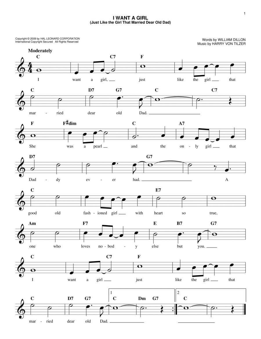 I Want A Girl (Just Like The Girl That Married Dear Old Dad) Piano scores gallery preview page 1