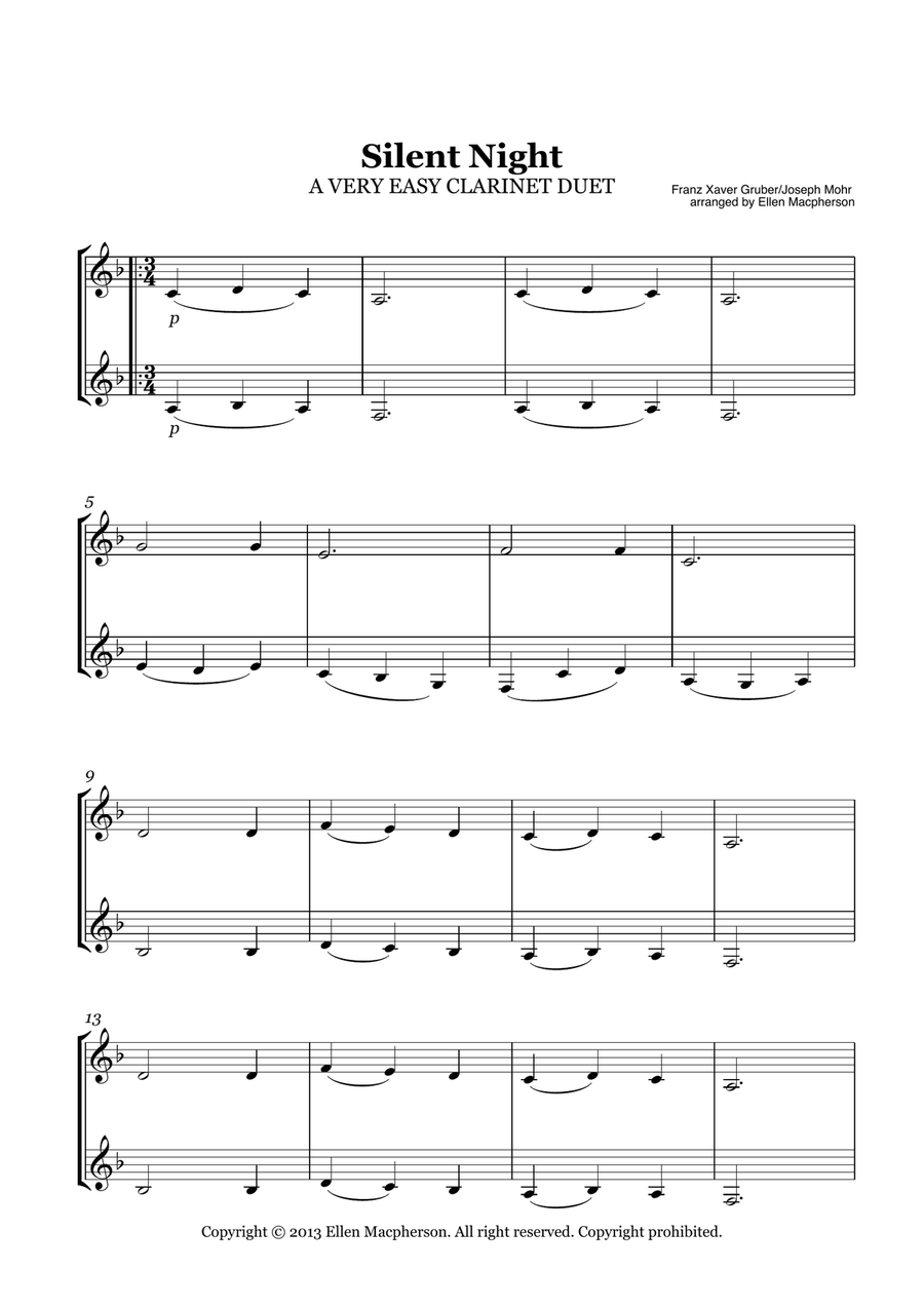 A VERY EASY CHRISTMAS CAROL FOR CLARINET DUET - SILENT NIGHT Clarinet Duet scores gallery preview page 1