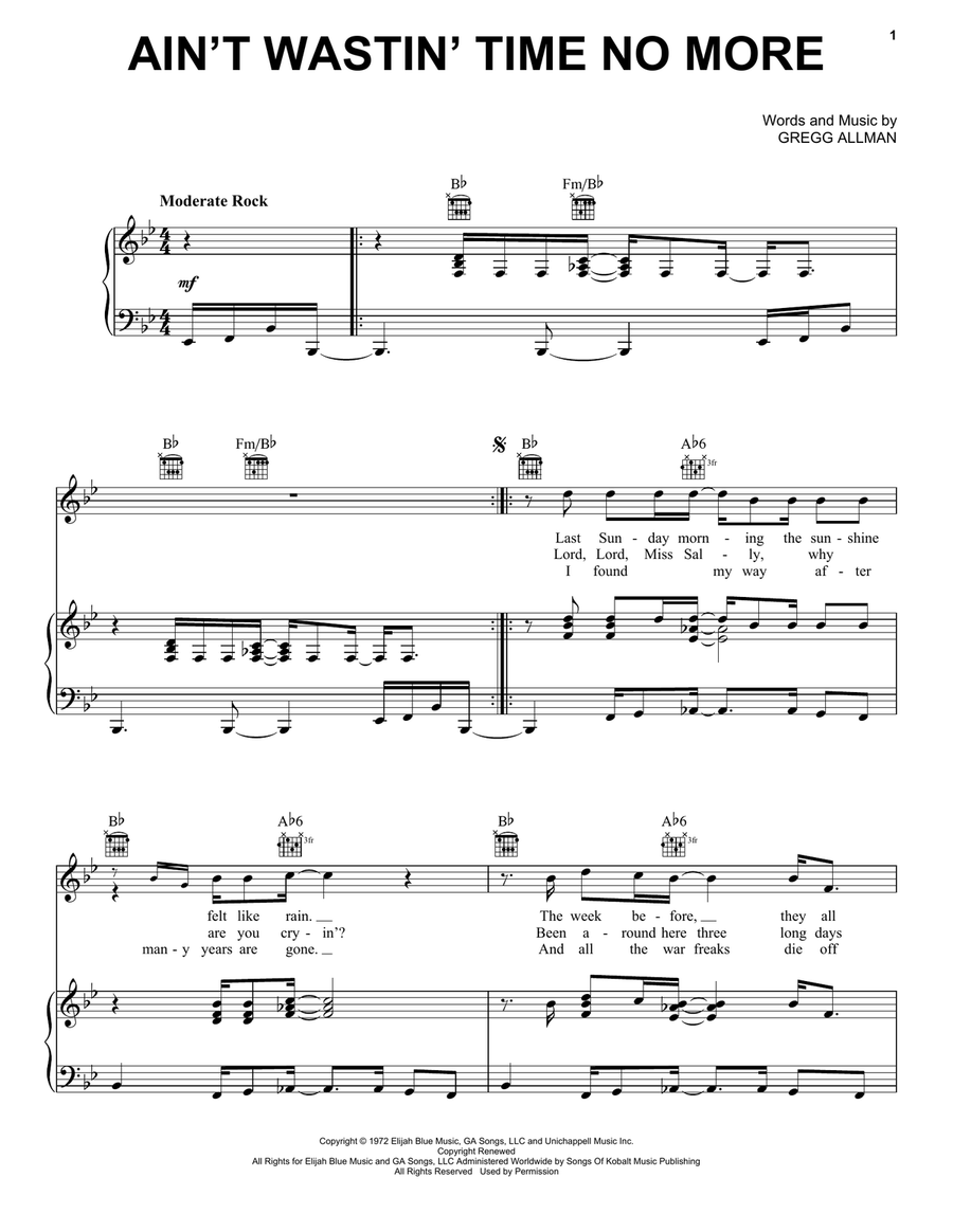 Ain't Wastin' Time No More Piano, Vocal, Guitar scores gallery preview page 1