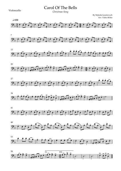 Carol Of The Bells (Christmas Song) for Cello Solo (D Minor)