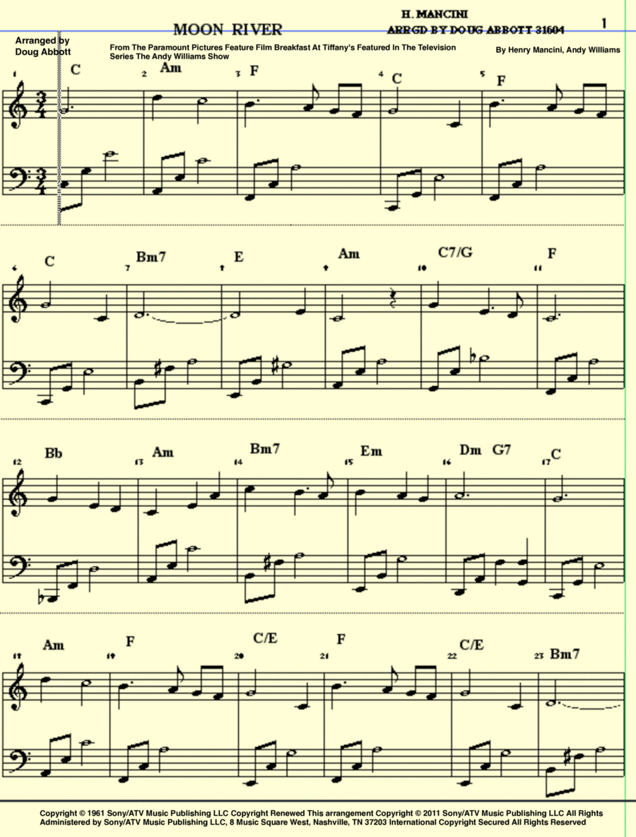 Moon River Piano, Vocal, Guitar scores gallery preview page 1