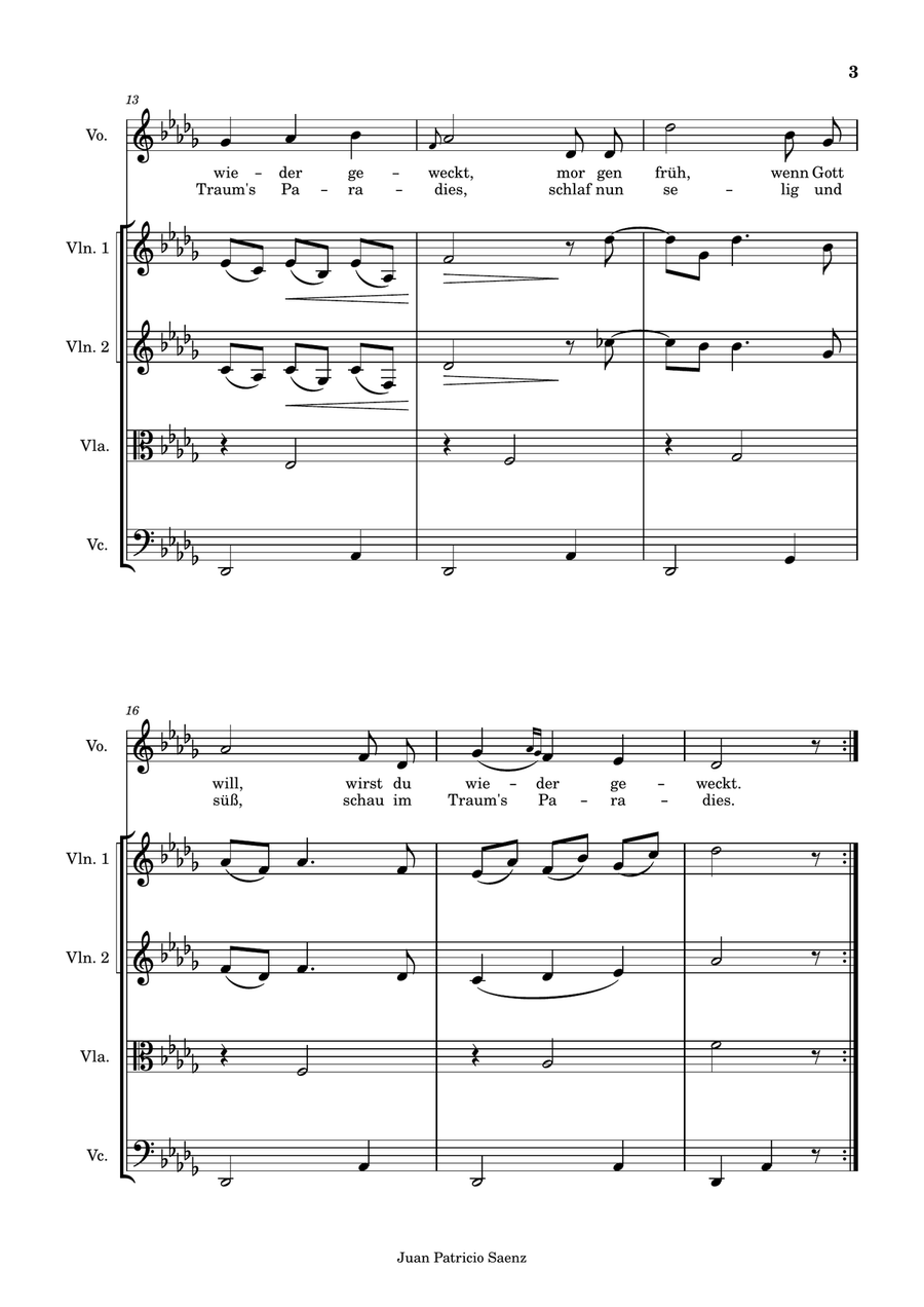 Johannes Brahms - Wiegenlied Op.49 N.4, String quartet arrangement low voice (Db major) String Quartet scores gallery preview page 3