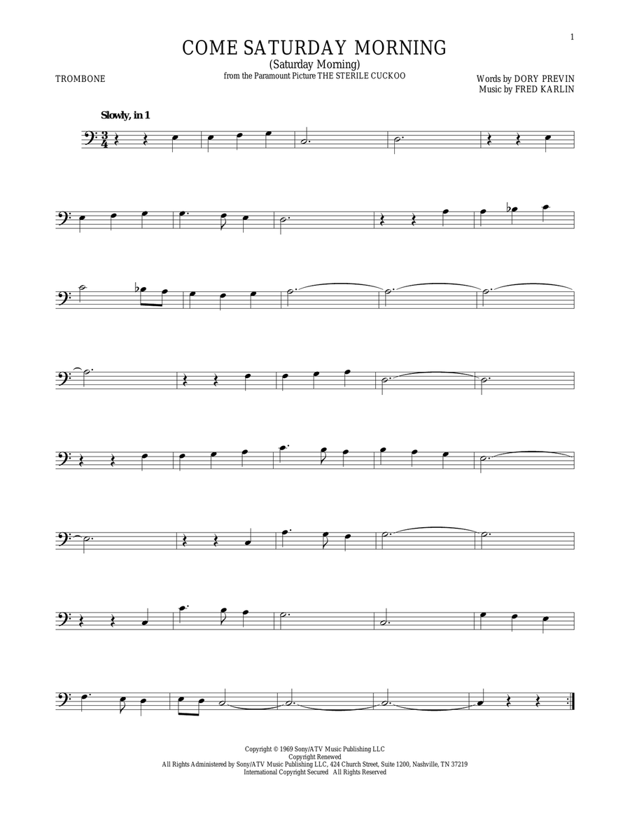 Come Saturday Morning (Saturday Morning) Trombone Solo scores gallery preview page 1
