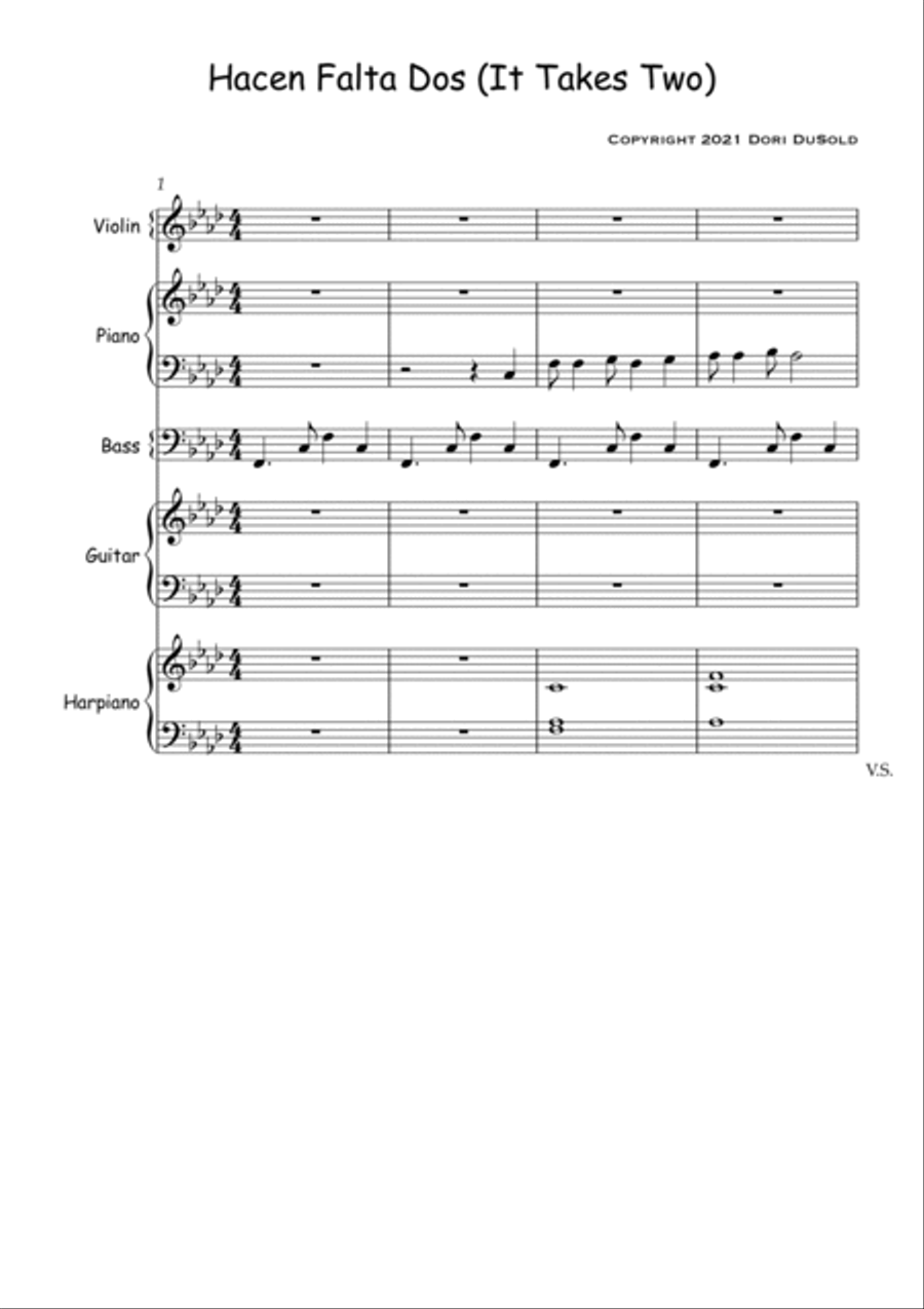Hacen Falta Dos (It Takes Two) - Music score for tango ensemble (violin, guitar, keyboard, bass) Chamber Orchestra scores gallery preview page 2