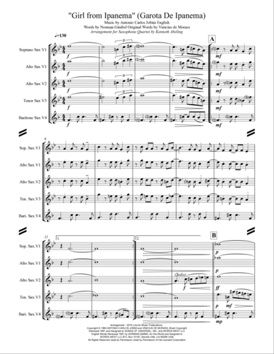 The Girl From Ipanema (Garota De Ipanema) Saxophone Quartet scores gallery preview page 2