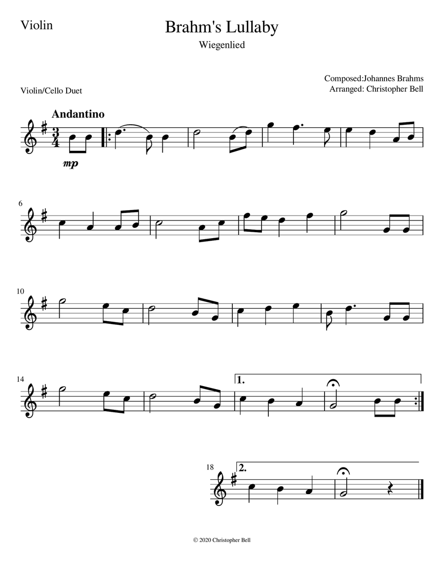 Brahms Lullaby - Easy Violin/Cello Duet image number null