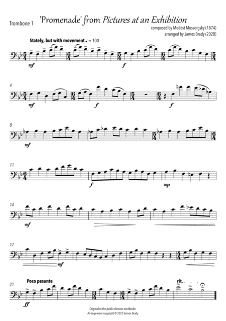 'Promenade' from Pictures at an Exhibition - easy arrangement for trombone quartet/tuba image number null