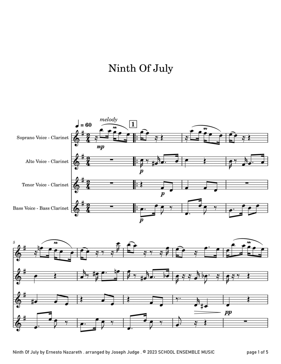 Ninth Of July by Ernesto Nazareth for Clarinet Quartet in Schools Clarinet Quartet scores gallery preview page 1