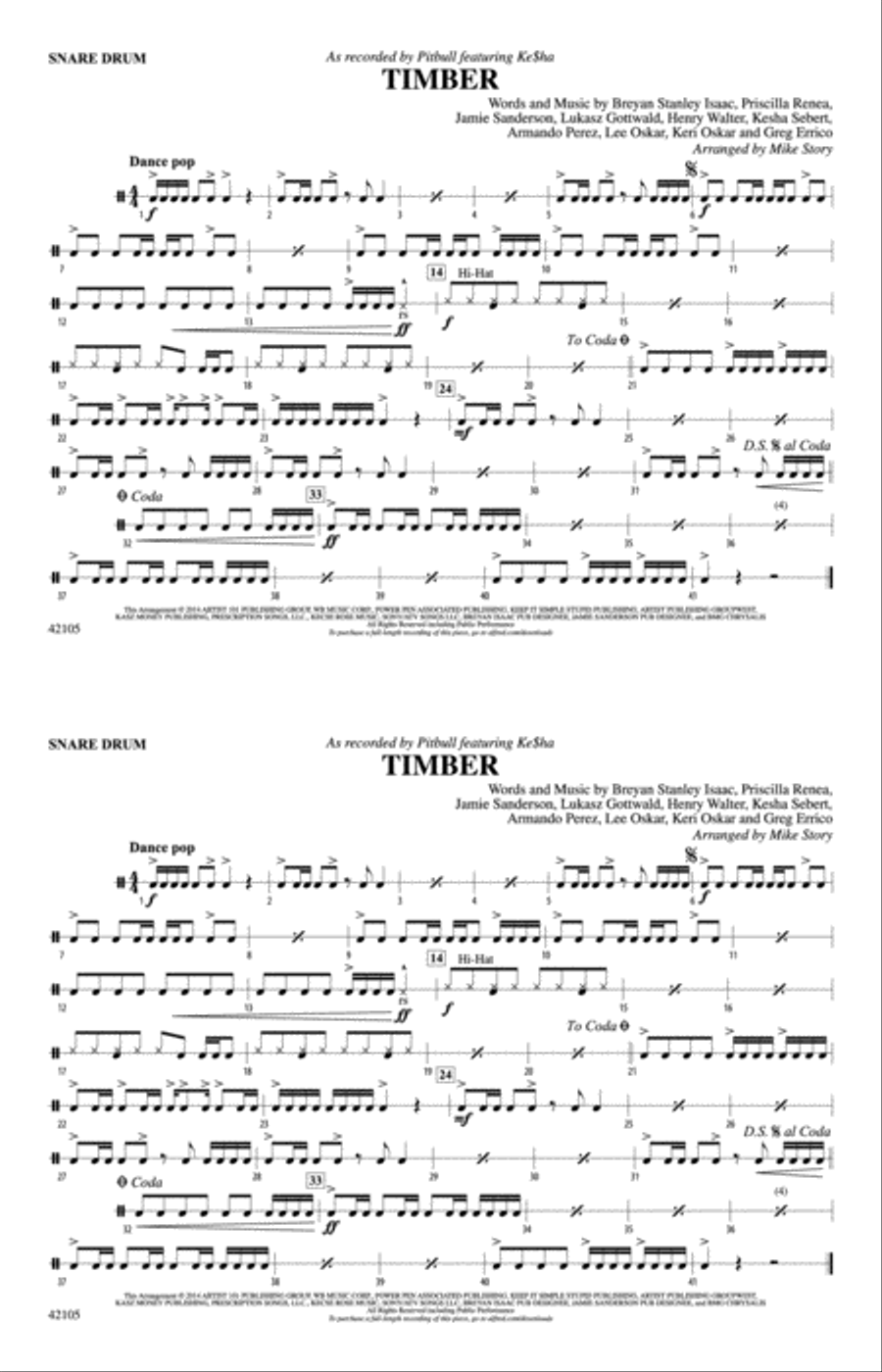 Timber: Snare Drum Marching Band scores gallery preview page 1