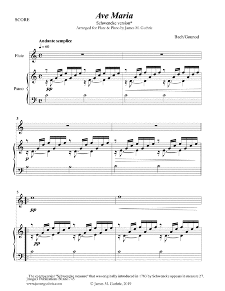 Bach-Gounod: Ave Maria, Schwencke version for Flute & Piano Flute Solo scores gallery preview page 1