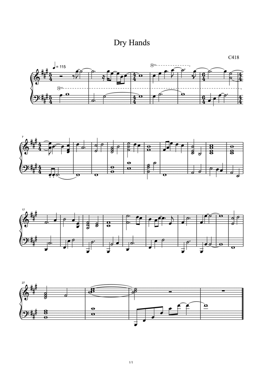 Dry Hands Piano Solo scores gallery preview page 1