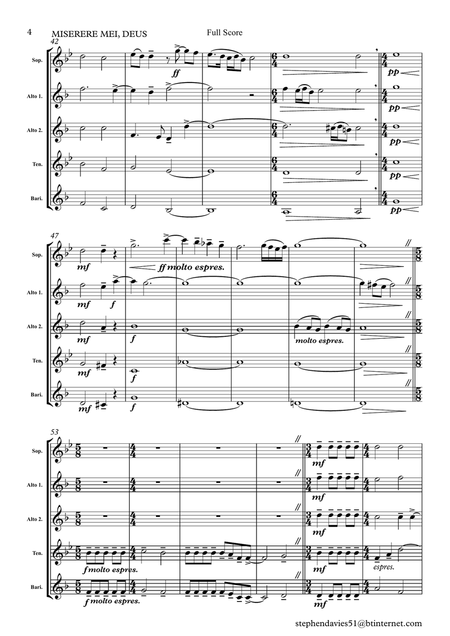 Miserere Mei, Deus by Gregorio Allegri (1582-1652) for Saxophone Quintet. Saxophone Quintet scores gallery preview page 4