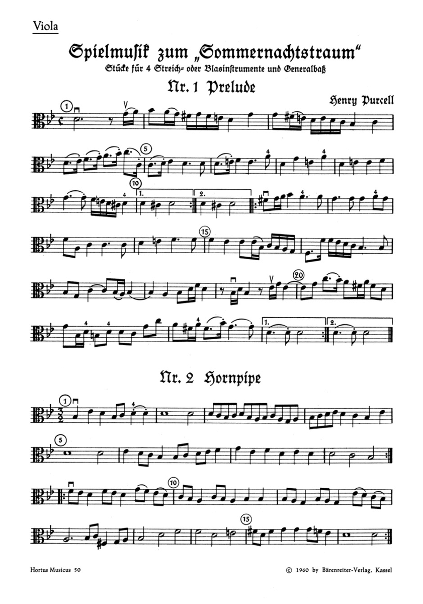 Spielmusik zum Sommernachtstraum für Streicher (statt Viola auch Violine III) und Basso continuo/ Bläser ad lib