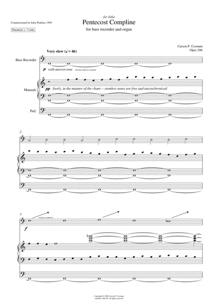 Carson Cooman: Pentecost Compline (2000) for bass recorder and organ