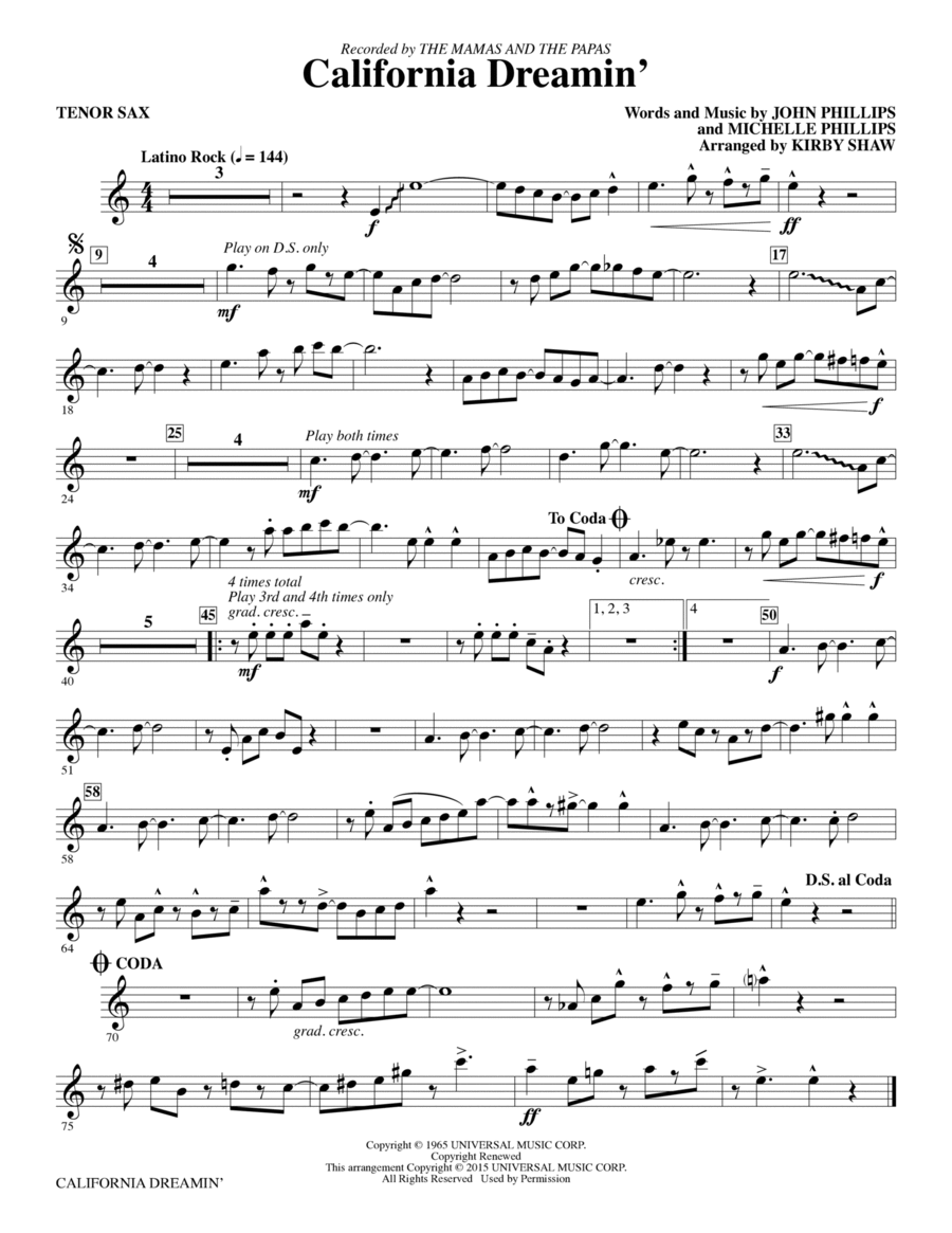 California Dreamin' - Bb Tenor Saxophone Choir scores gallery preview page 1