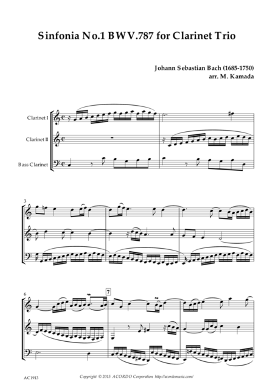 Sinfonia No.1 BWV.787 for Clarinet Trio Clarinet Trio scores gallery preview page 1