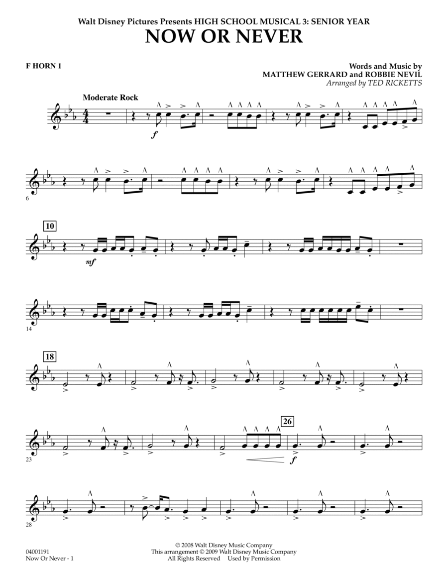 Now or Never (from High School Musical 3) - F Horn 1 Horn scores gallery preview page 1