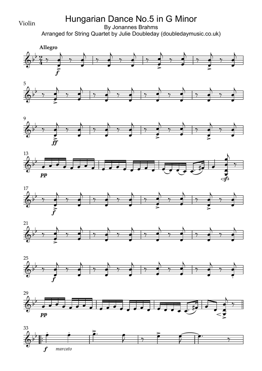 Brahms: Hungarian Dance No.5 in G Minor for String Quartet - Score and Parts String Quartet scores gallery preview page 6