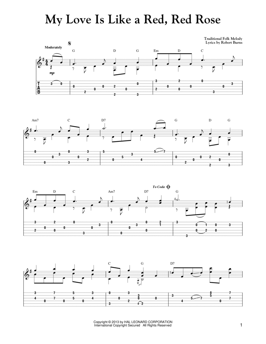 O My Love Is Like A Red, Red Rose (arr. Mark Phillips) Acoustic Guitar scores gallery preview page 1
