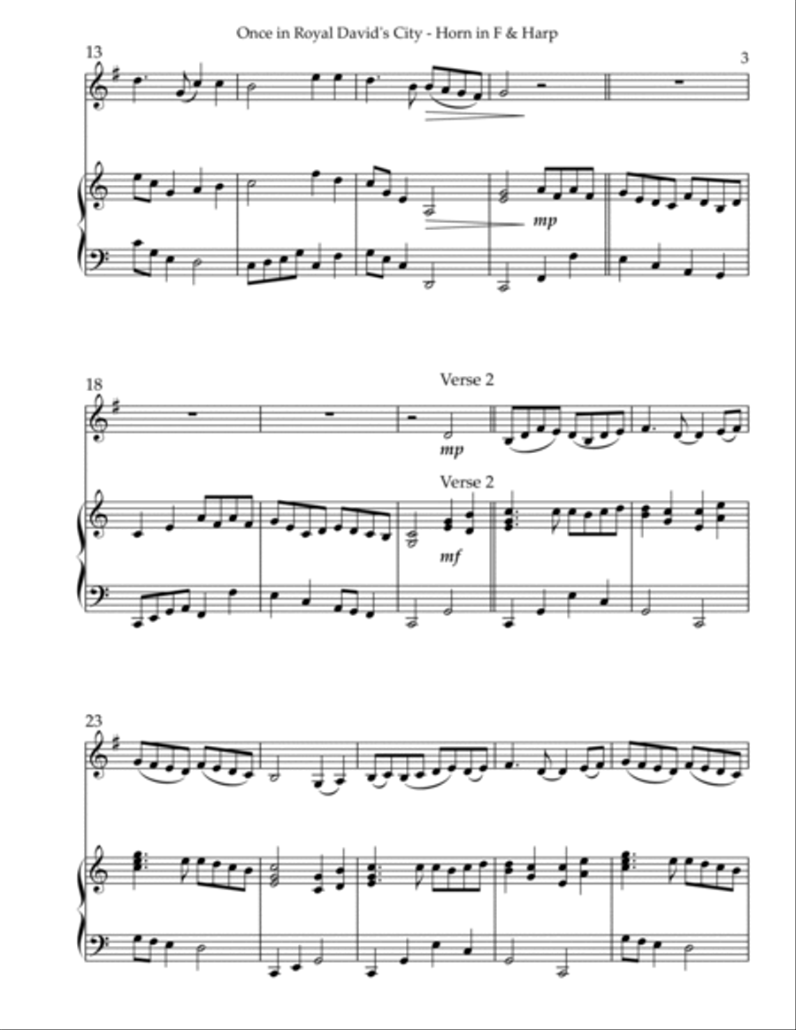 Once in Royal David’s City, Duet for Horn in F & Harp Harp scores gallery preview page 3