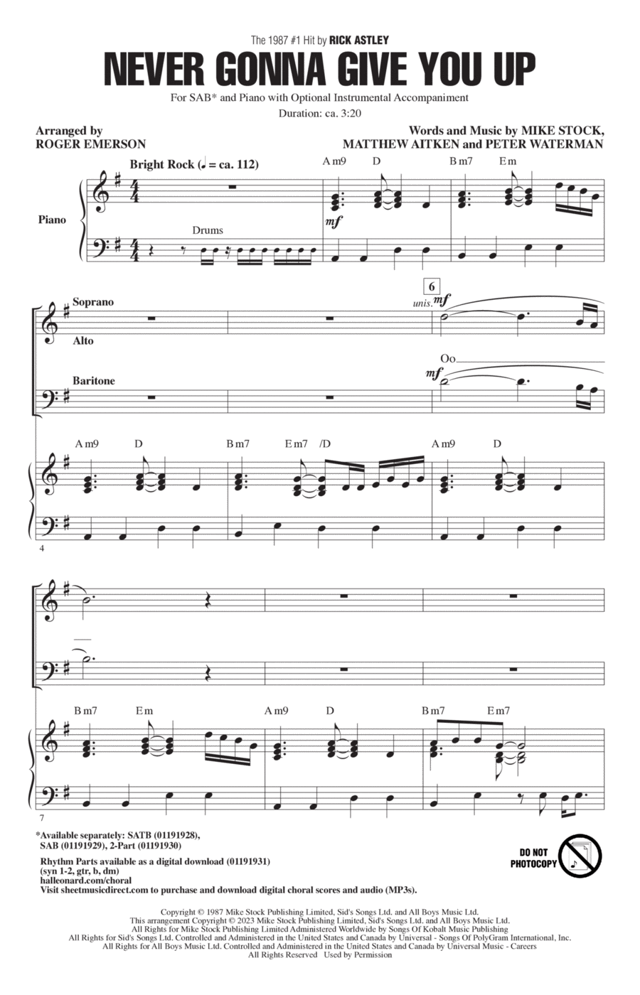 Never Gonna Give You Up (arr. Roger Emerson) 3-Part scores gallery preview page 1