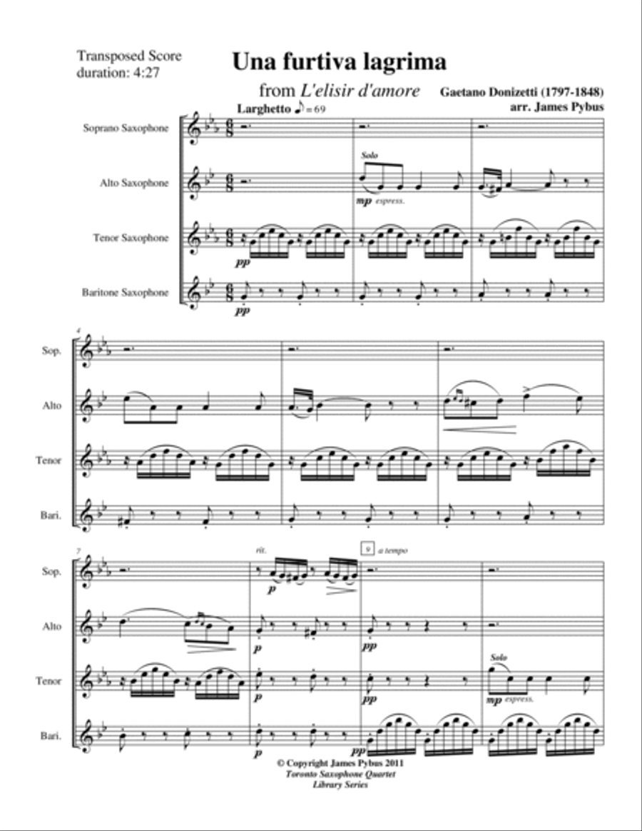 Una furtiva lagrima from L'elisir d'amore Saxophone Quartet scores gallery preview page 3