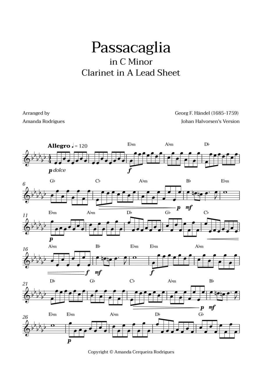 Passacaglia - Easy Clarinet in A Lead Sheet in Cm Minor (Johan Halvorsen's Version) A Clarinet scores gallery preview page 1