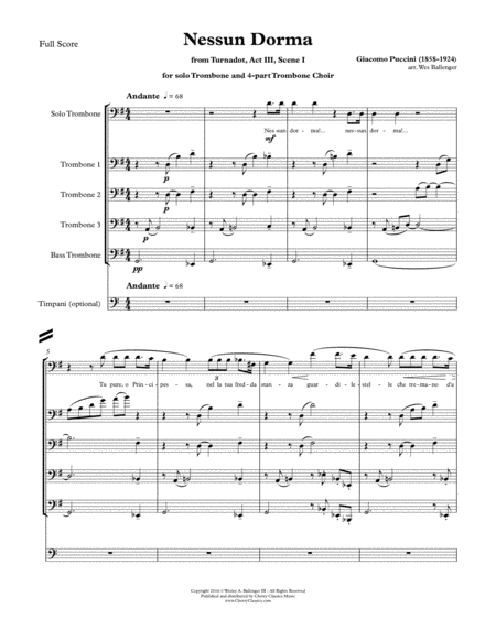 Nessun Dorma for Solo Trombone & four-part Trombone Choir w. opt. Timpani
