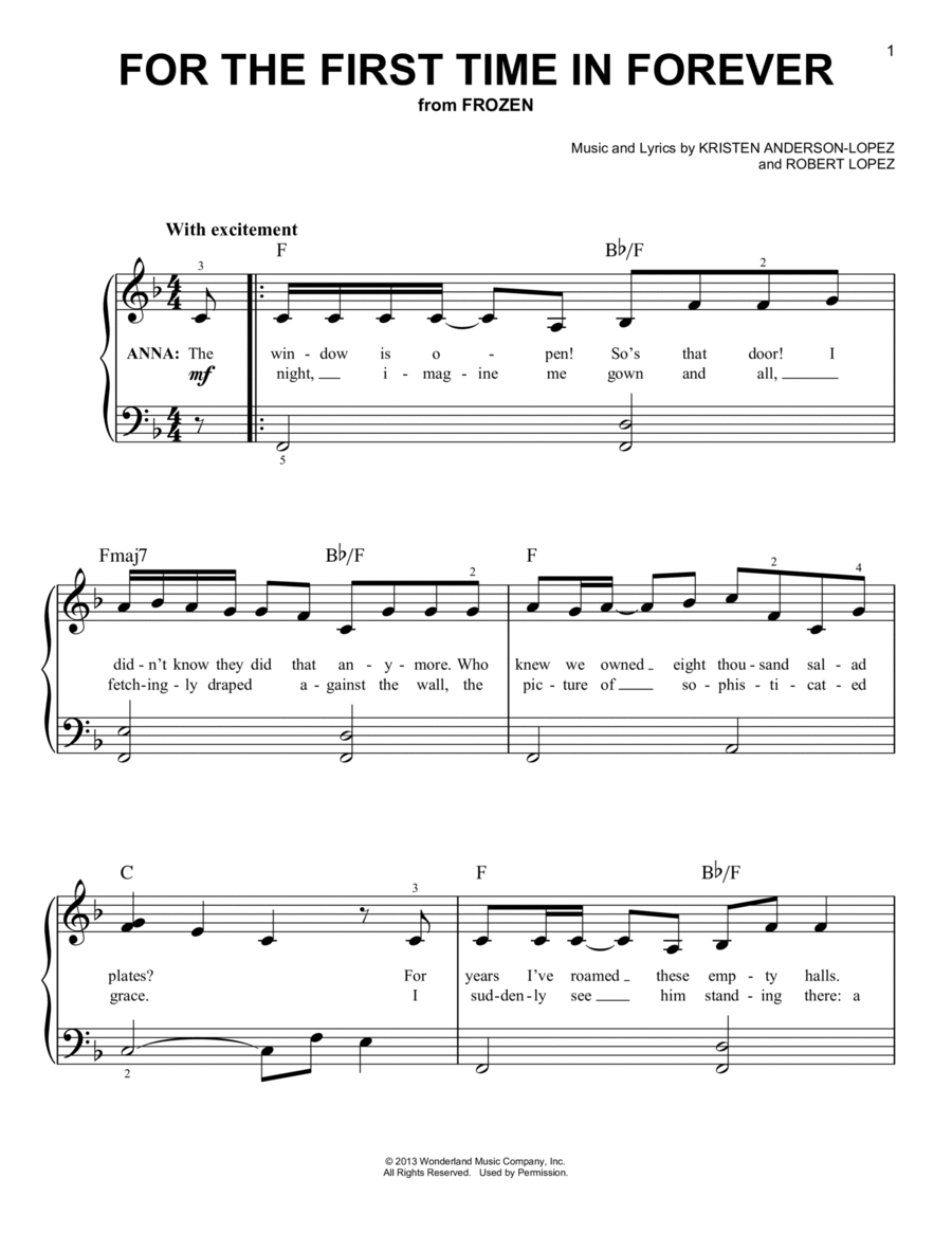 For The First Time In Forever (from Frozen) Easy Piano scores gallery preview page 1