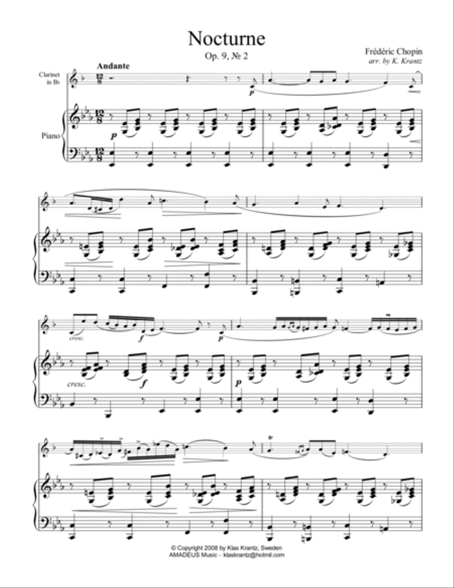 Nocturne Op. 9 No. 2 for clarinet in Bb and piano (abridged) B-Flat Clarinet scores gallery preview page 2