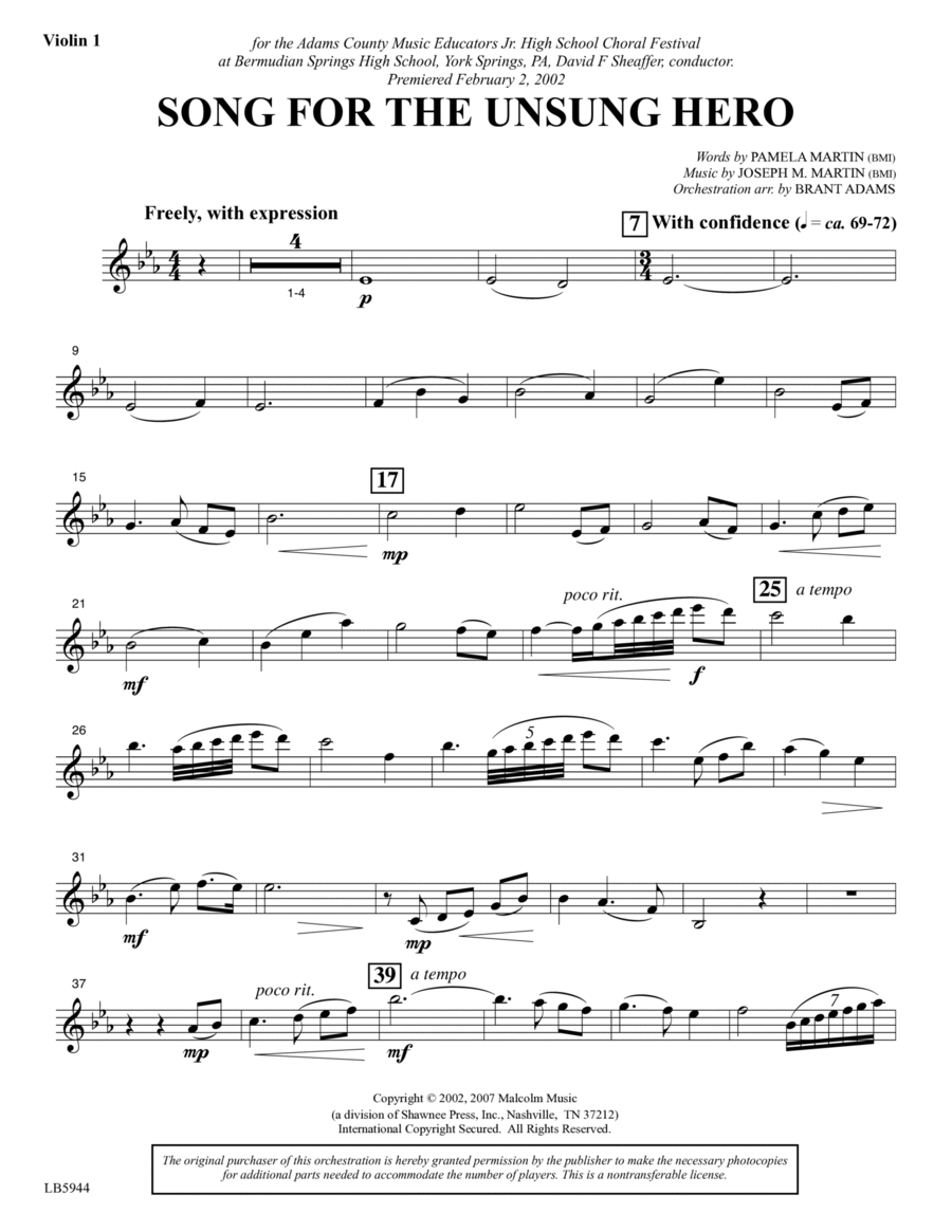 Song for the Unsung Hero - Violin 1 Choir scores gallery preview page 1